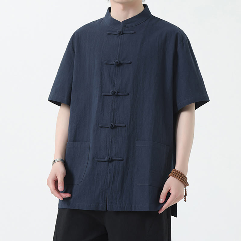 Buddha Stones Frog-Button Chinese Tang Suit Camicia a maniche corte in lino Abbigliamento da uomo con tasche - image 13