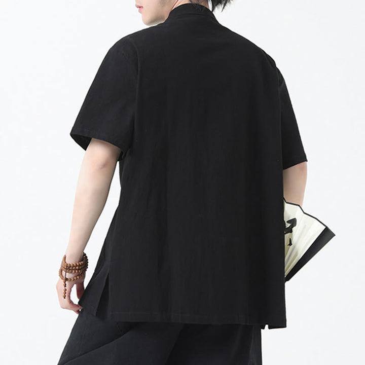Buddha Stones Frog-Button Chinese Tang Suit Camicia a maniche corte in lino Abbigliamento da uomo con tasche - image 5