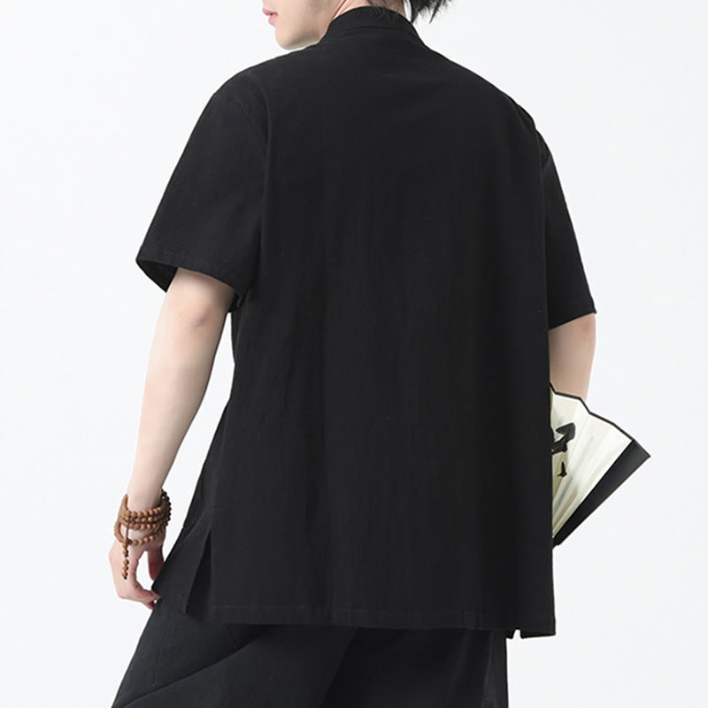 Buddha Stones Frog-Button Chinese Tang Suit Camicia a maniche corte in lino Abbigliamento da uomo con tasche - image 4