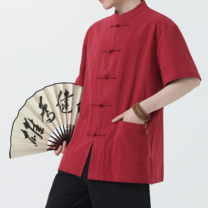 Buddha Stones Frog-Button Chinese Tang Suit Camicia a maniche corte in lino Abbigliamento da uomo con tasche - image 3