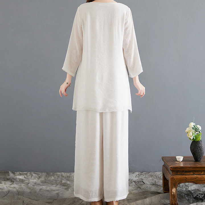 Buddha Stones 2 pezzi camicia a maniche lunghe con bottoni a rana pantaloni larghi abbigliamento in cotone e lino per meditazione