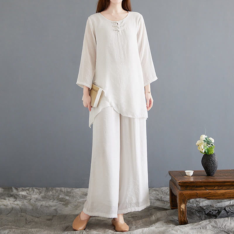 Buddha Stones 2 pezzi camicia a maniche lunghe con bottoni a rana pantaloni larghi abbigliamento in cotone e lino per meditazione
