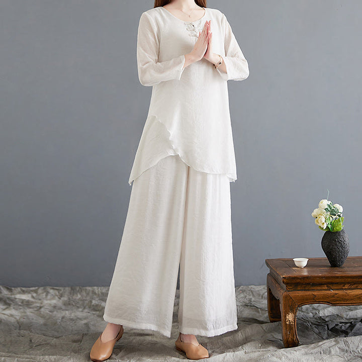 Buddha Stones 2 pezzi camicia a maniche lunghe con bottoni a rana pantaloni larghi abbigliamento in cotone e lino per meditazione