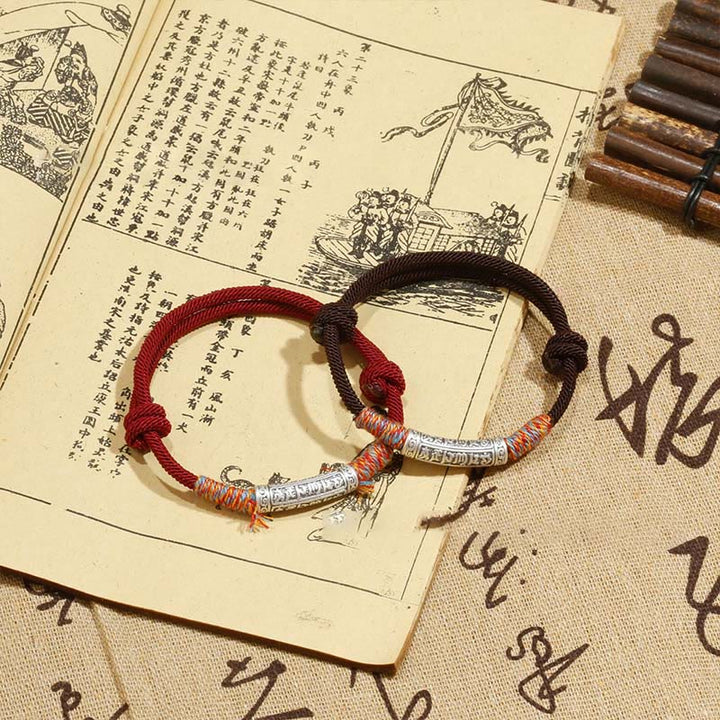Braccialetto di corda di protezione Om Mani Padme Hum in argento sterling 999 fatto a mano con Buddha Stones