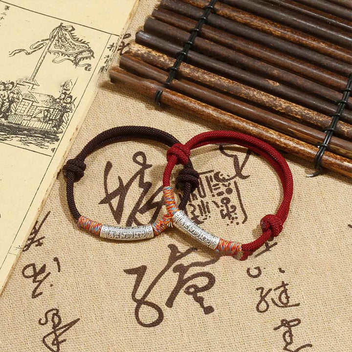 Braccialetto di corda di protezione Om Mani Padme Hum in argento sterling 999 fatto a mano con Buddha Stones