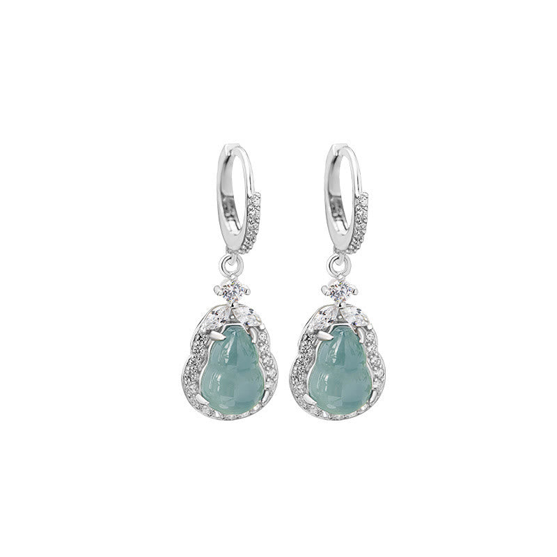 Orecchini pendenti Buddha Stones 925 Sterling Silver Green Jade Gourd Abundance