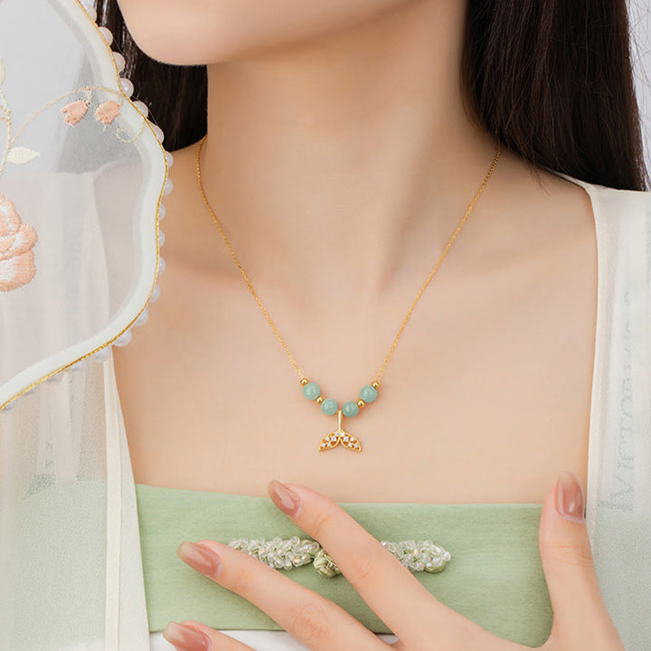 Collana con ciondolo a forma di coda di pesce in argento sterling 925 con perline di giada Hetian Buddha Stones