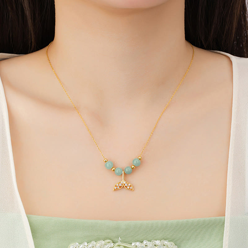 Collana con ciondolo a forma di coda di pesce in argento sterling 925 con perline di giada Hetian Buddha Stones