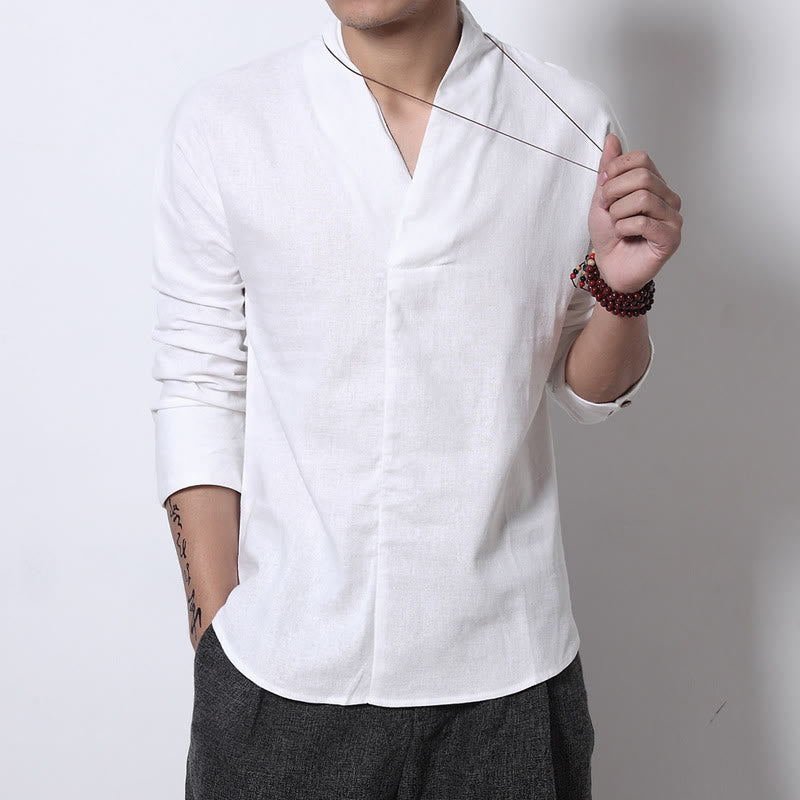 Buddha Stones Casual V-Neck Manica Lunga Camicia Lino Abbigliamento Uomo - Bianco - US/UK/AU46, EU56 (5XL) - image 3