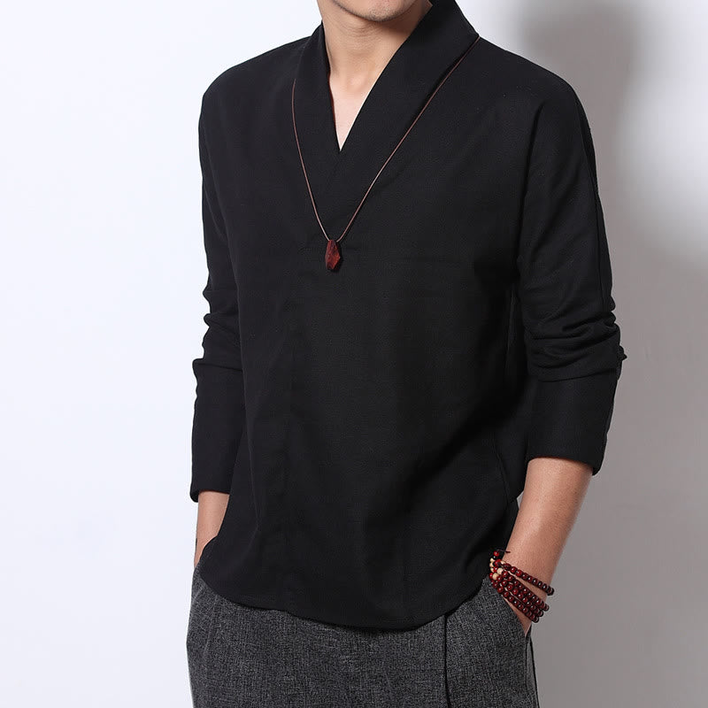 Buddha Stones Casual V-Neck Manica Lunga Camicia Lino Abbigliamento Uomo - Nero - US/UK/AU46, EU56 (5XL) - image 7