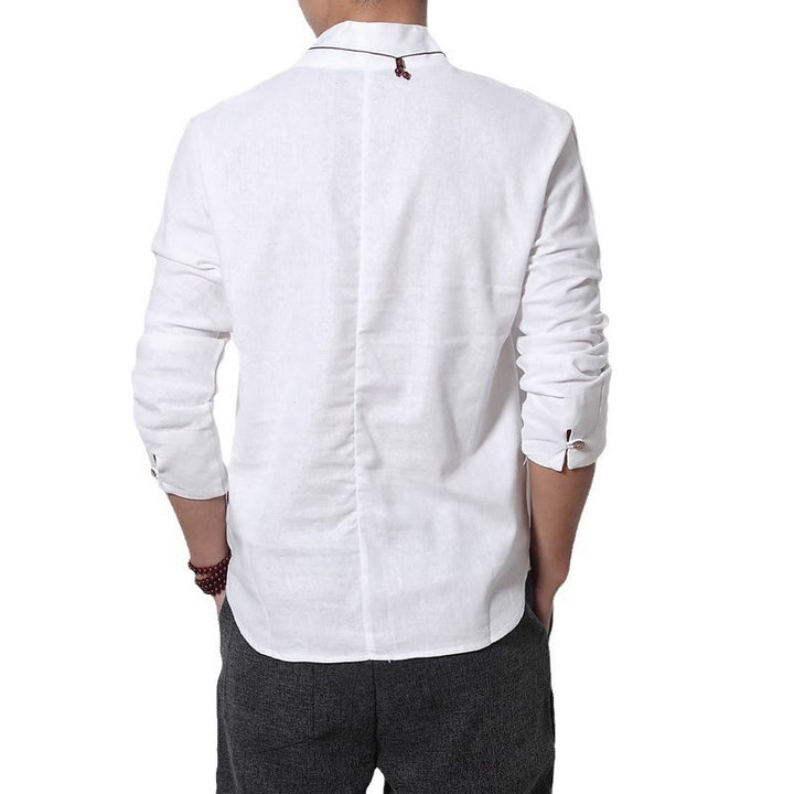 Buddha Stones Casual V-Neck Manica Lunga Camicia Lino Abbigliamento Uomo - image 4