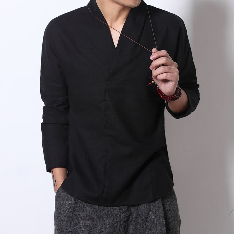 Buddha Stones Casual V-Neck Manica Lunga Camicia Lino Abbigliamento Uomo - image 8