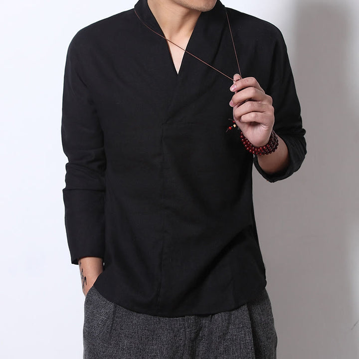 Buddha Stones Casual V-Neck Manica Lunga Camicia Lino Abbigliamento Uomo - image 8