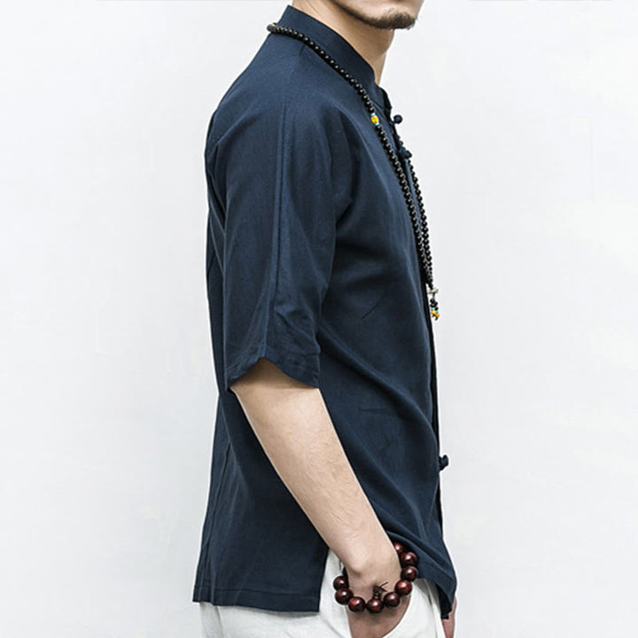Buddha Stones Cinese Rana-Bottone Tang Suit Zen Mezza Manica Camicia Lino Abbigliamento Uomo - image 4