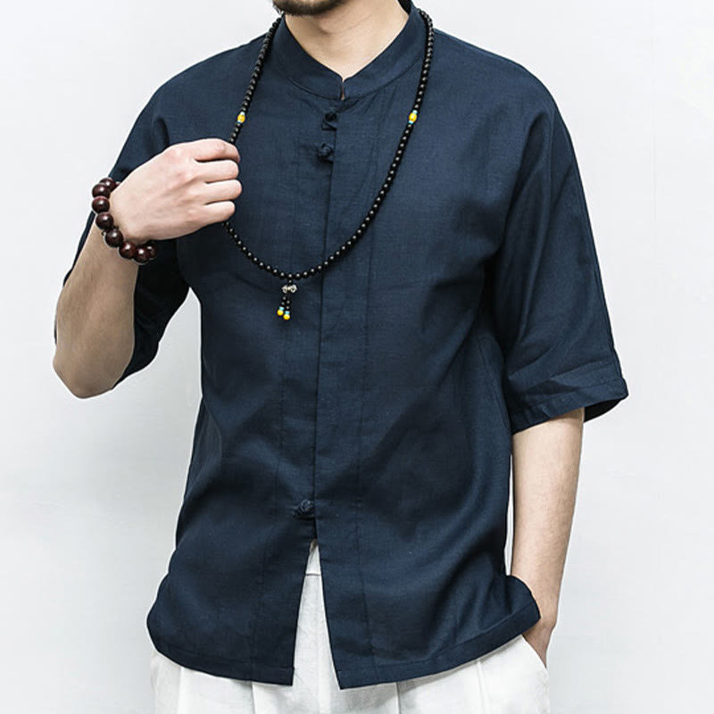 Buddha Stones Cinese Rana-Bottone Tang Suit Zen Mezza Manica Camicia Lino Abbigliamento Uomo - image 1