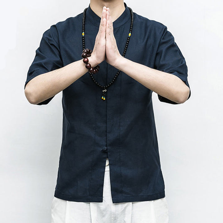 Buddha Stones Cinese Rana-Bottone Tang Suit Zen Mezza Manica Camicia Lino Abbigliamento Uomo - image 3