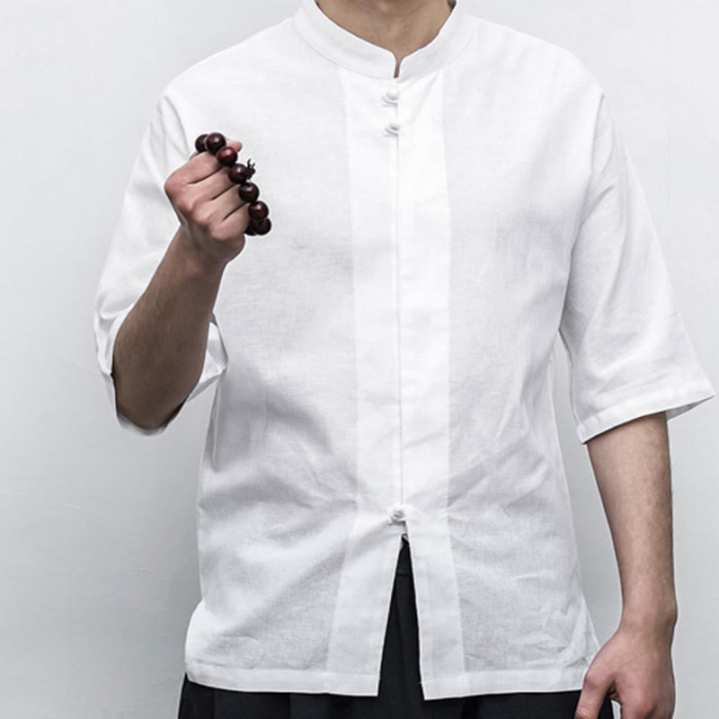 Buddha Stones Cinese Rana-Bottone Tang Suit Zen Mezza Manica Camicia Lino Abbigliamento Uomo - image 11