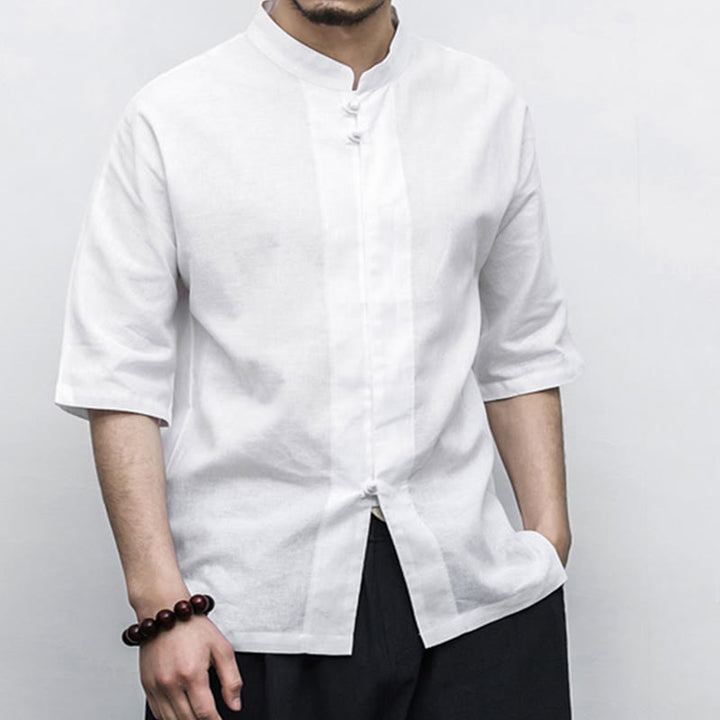 Buddha Stones Cinese Rana-Bottone Tang Suit Zen Mezza Manica Camicia Lino Abbigliamento Uomo - image 8