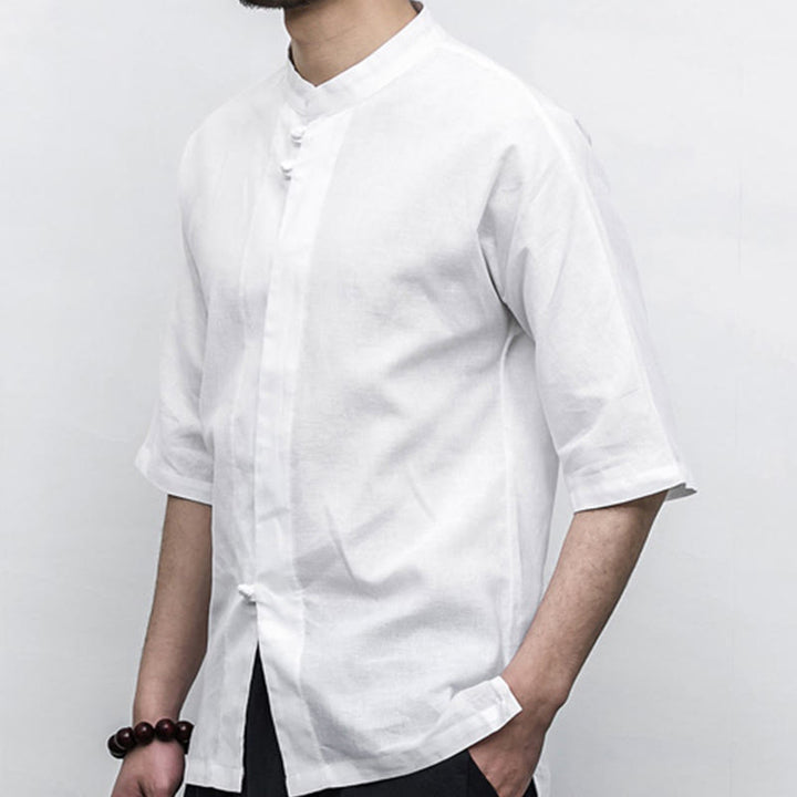 Buddha Stones Cinese Rana-Bottone Tang Suit Zen Mezza Manica Camicia Lino Abbigliamento Uomo - image 7