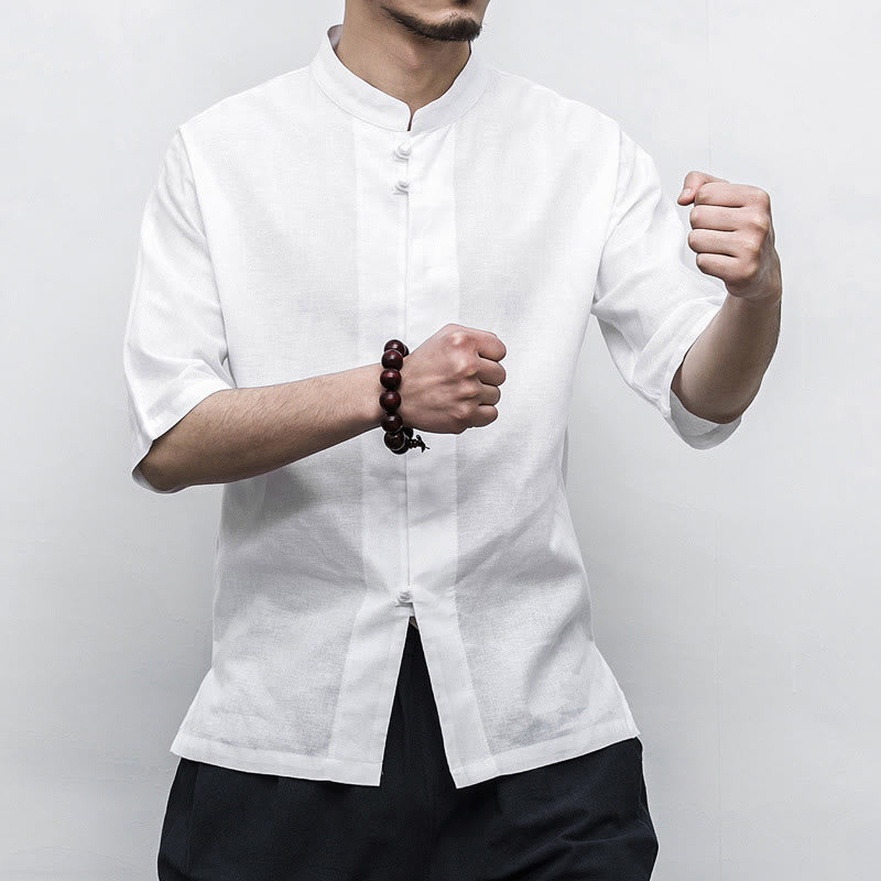 Buddha Stones Cinese Rana-Bottone Tang Suit Zen Mezza Manica Camicia Lino Abbigliamento Uomo - image 10