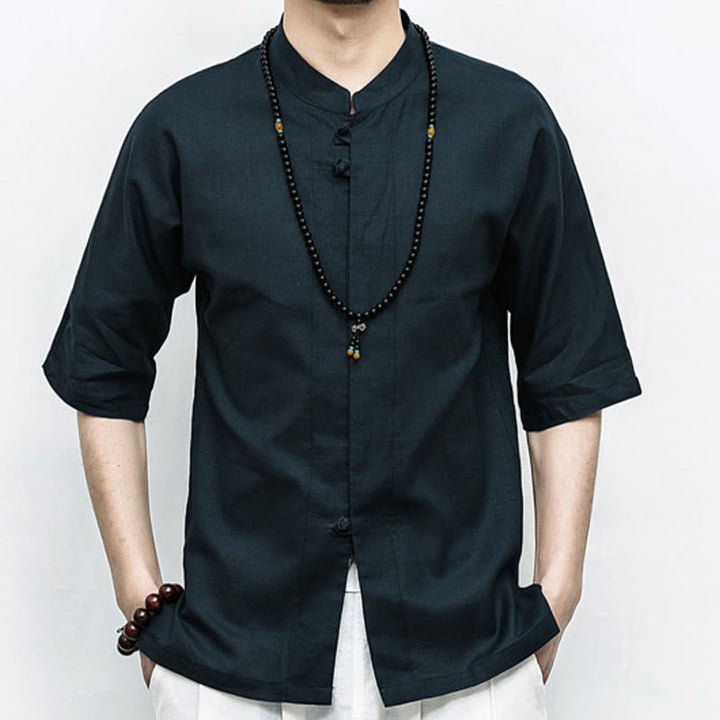 Buddha Stones Cinese Rana-Bottone Tang Suit Zen Mezza Manica Camicia Lino Abbigliamento Uomo - Nero - US/UK/AU46, EU56 (5XL)  - image 13