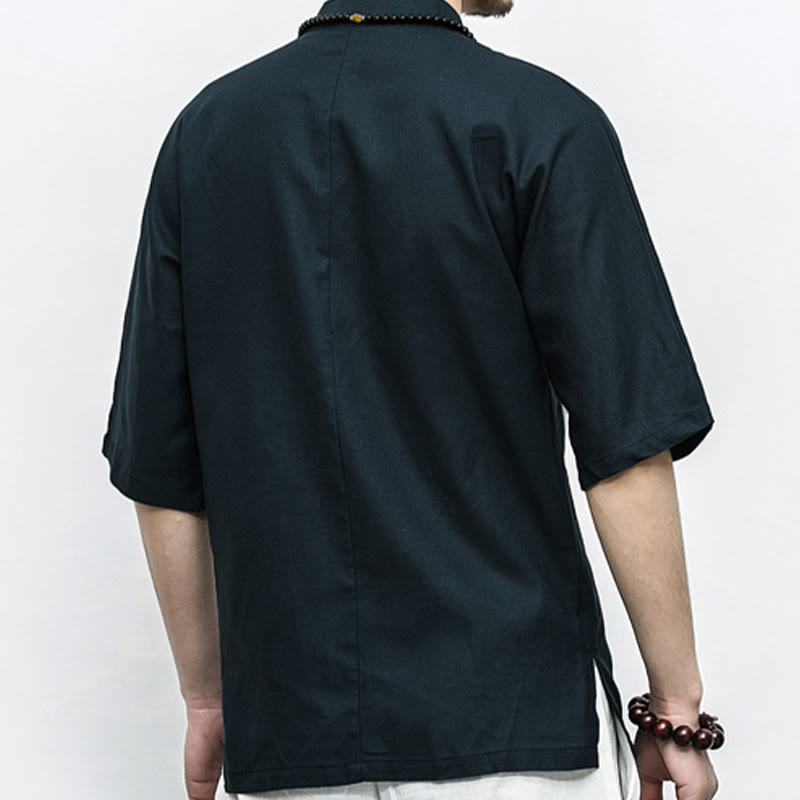 Buddha Stones Cinese Rana-Bottone Tang Suit Zen Mezza Manica Camicia Lino Abbigliamento Uomo - image 14