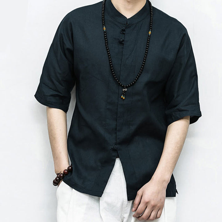 Buddha Stones Cinese Rana-Bottone Tang Suit Zen Mezza Manica Camicia Lino Abbigliamento Uomo - image 14