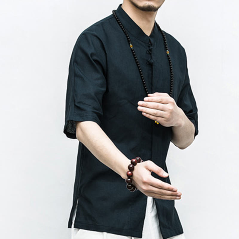 Buddha Stones Cinese Rana-Bottone Tang Suit Zen Mezza Manica Camicia Lino Abbigliamento Uomo - image 15