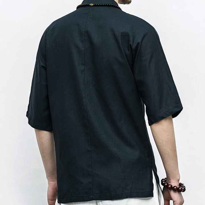 Buddha Stones Cinese Rana-Bottone Tang Suit Zen Mezza Manica Camicia Lino Abbigliamento Uomo - image 14