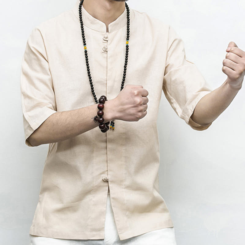 Buddha Stones Cinese Rana-Bottone Tang Suit Zen Mezza Manica Camicia Lino Abbigliamento Uomo - image 22