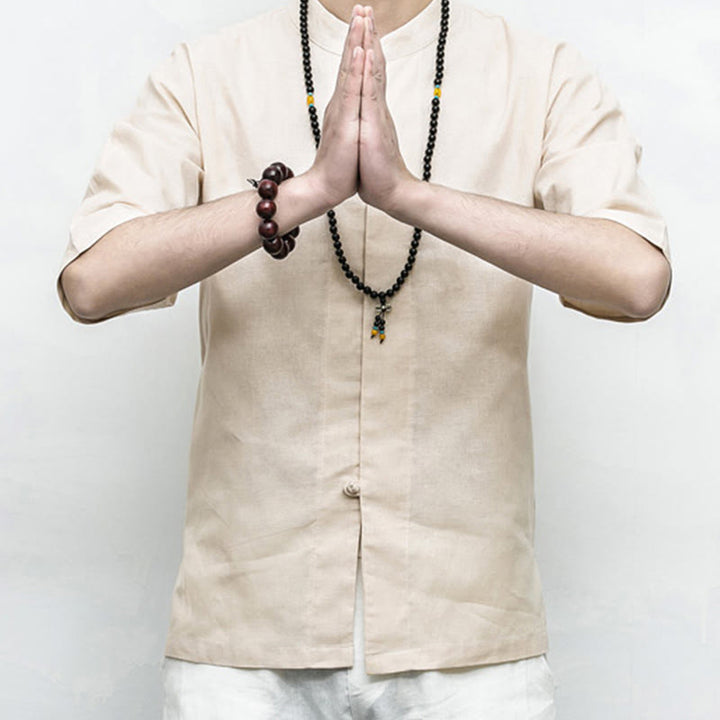 Buddha Stones Cinese Rana-Bottone Tang Suit Zen Mezza Manica Camicia Lino Abbigliamento Uomo - image 20