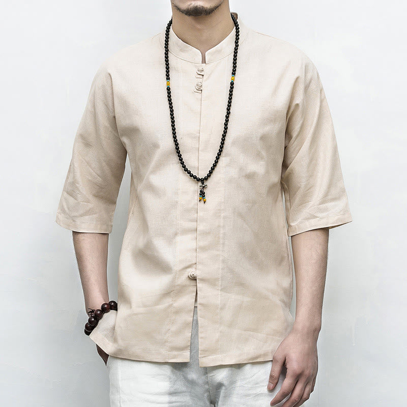Buddha Stones Cinese Rana-Bottone Tang Suit Zen Mezza Manica Camicia Lino Abbigliamento Uomo - Biancheria - US/UK/AU46, EU56 (5XL)  - image 18