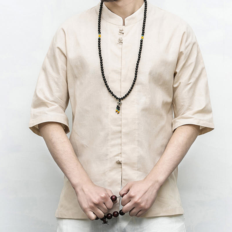 Buddha Stones Cinese Rana-Bottone Tang Suit Zen Mezza Manica Camicia Lino Abbigliamento Uomo - image 18