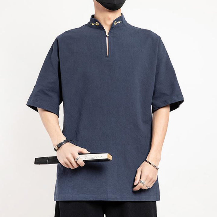 Buddha Stones Cinese Tang Suit Ricamo Mezza Manica Camicia Lino Abbigliamento Uomo