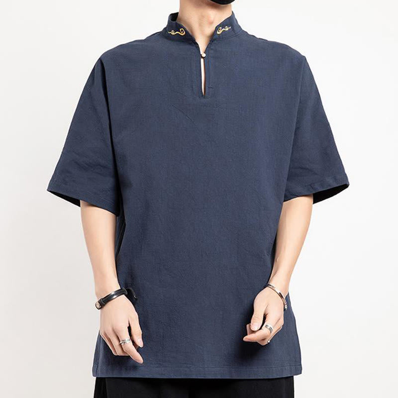 Buddha Stones Cinese Tang Suit Ricamo Mezza Manica Camicia Lino Abbigliamento Uomo