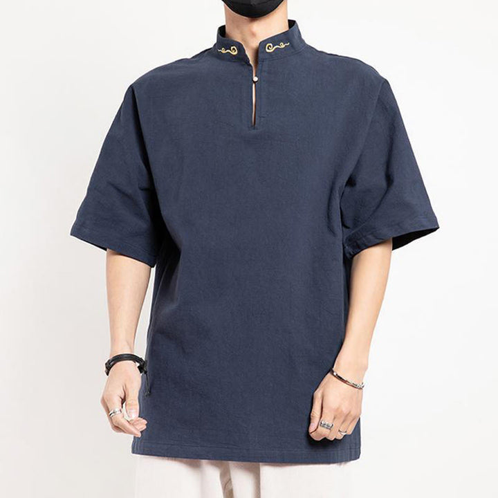 Buddha Stones Cinese Tang Suit Ricamo Mezza Manica Camicia Lino Abbigliamento Uomo