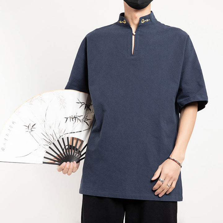 Buddha Stones Cinese Tang Suit Ricamo Mezza Manica Camicia Lino Abbigliamento Uomo