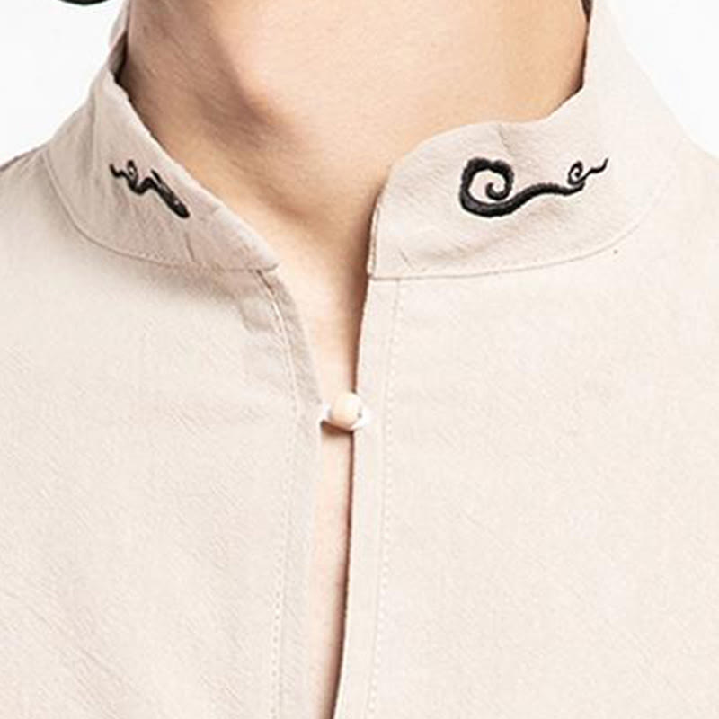 Buddha Stones Cinese Tang Suit Ricamo Mezza Manica Camicia Lino Abbigliamento Uomo