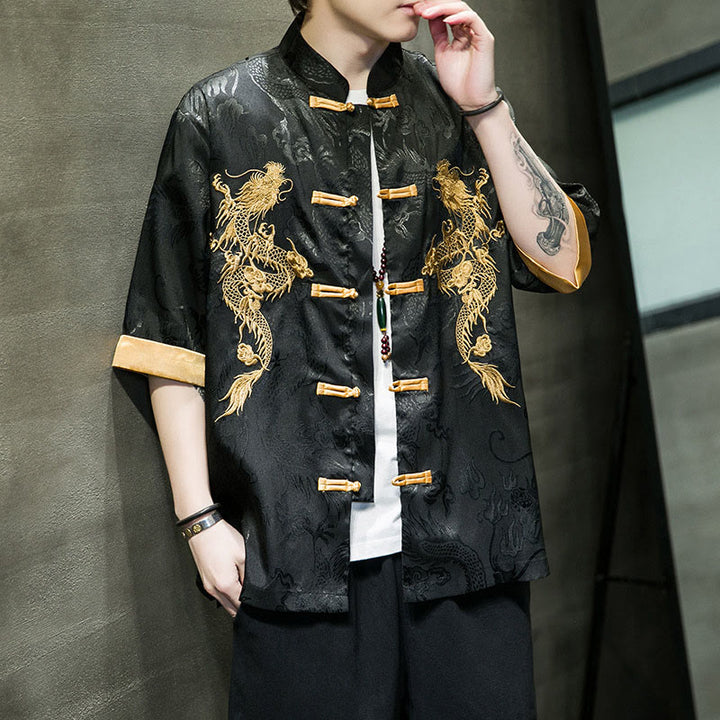 Buddha Stones Rana-Bottone Drago Cinese Ricamo Mezza Manica Camicia Lino Abbigliamento Uomo