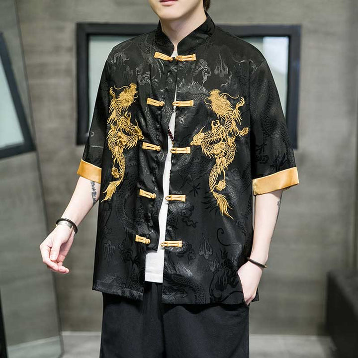Buddha Stones Rana-Bottone Drago Cinese Ricamo Mezza Manica Camicia Lino Abbigliamento Uomo