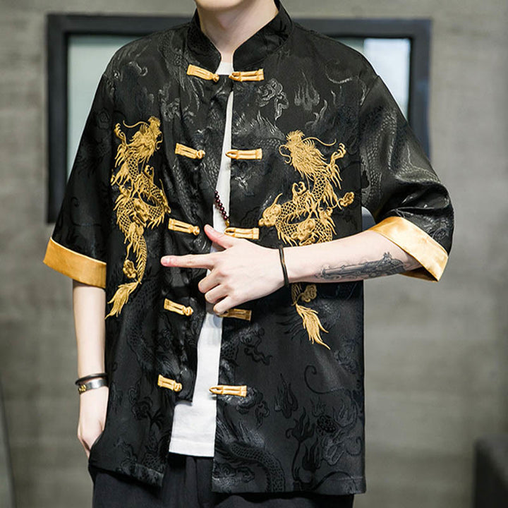 Buddha Stones Rana-Bottone Drago Cinese Ricamo Mezza Manica Camicia Lino Abbigliamento Uomo - image 6