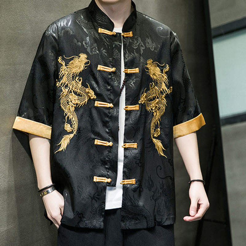 Buddha Stones Rana-Bottone Drago Cinese Ricamo Mezza Manica Camicia Lino Abbigliamento Uomo - image 10