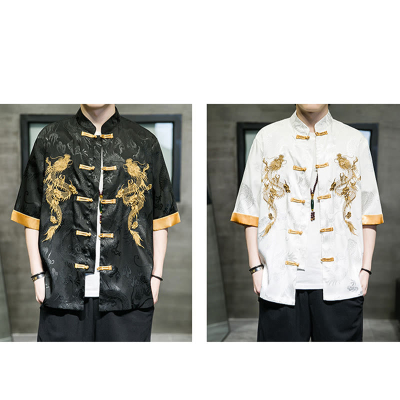 Buddha Stones Rana-Bottone Drago Cinese Ricamo Mezza Manica Camicia Lino Abbigliamento Uomo