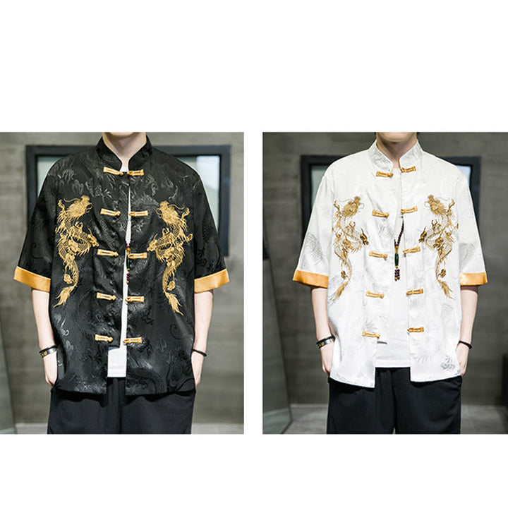 Buddha Stones Rana-Bottone Drago Cinese Ricamo Mezza Manica Camicia Lino Abbigliamento Uomo