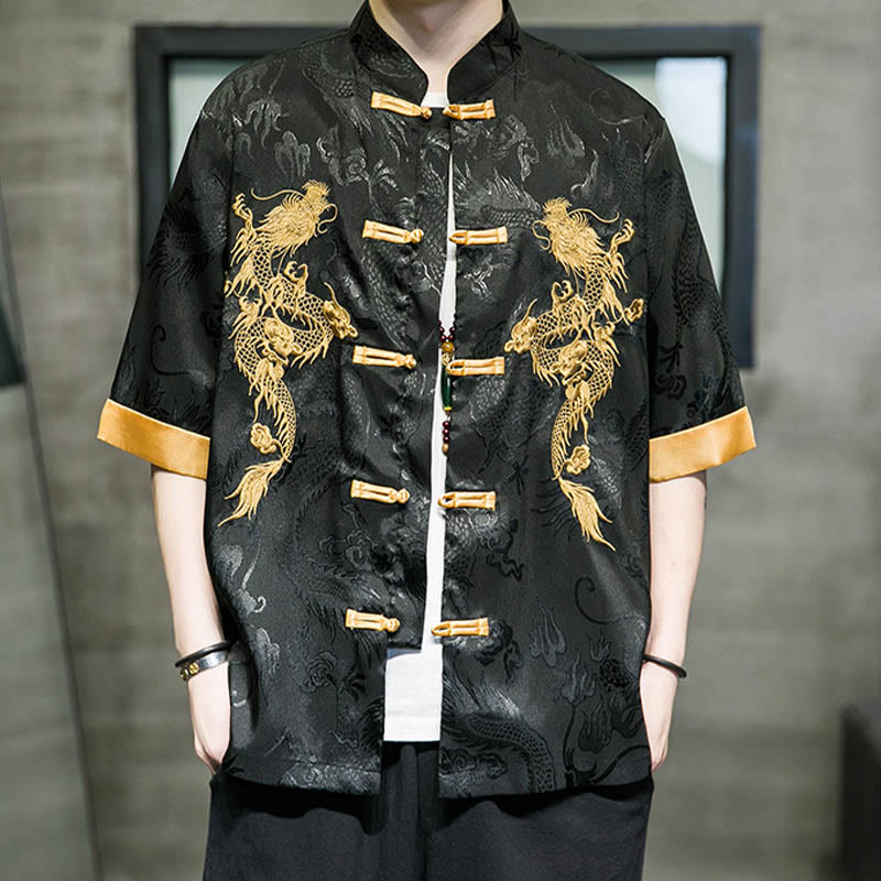 Buddha Stones Rana-Bottone Drago Cinese Ricamo Mezza Manica Camicia Lino Abbigliamento Uomo