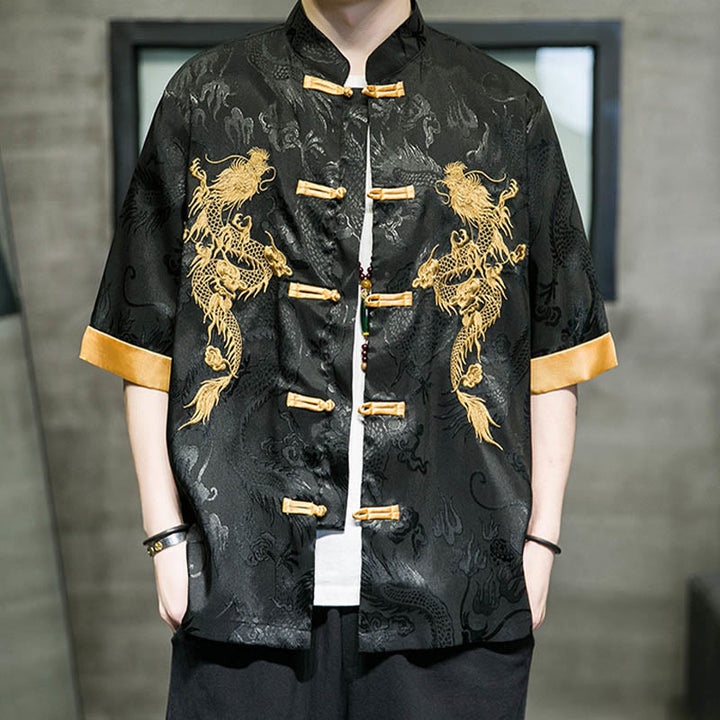 Buddha Stones Rana-Bottone Drago Cinese Ricamo Mezza Manica Camicia Lino Abbigliamento Uomo