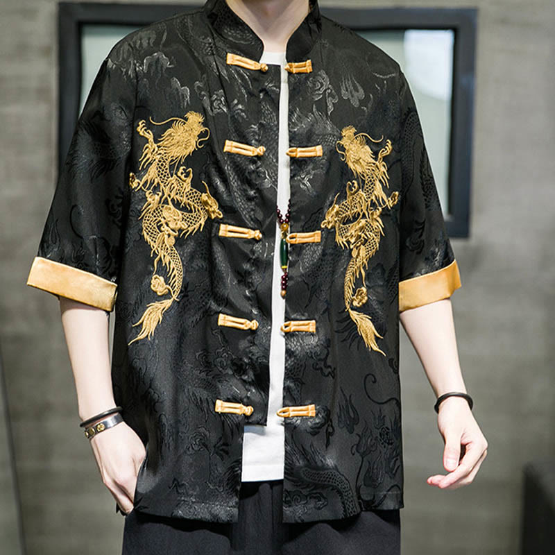 Buddha Stones Rana-Bottone Drago Cinese Ricamo Mezza Manica Camicia Lino Abbigliamento Uomo - image 8