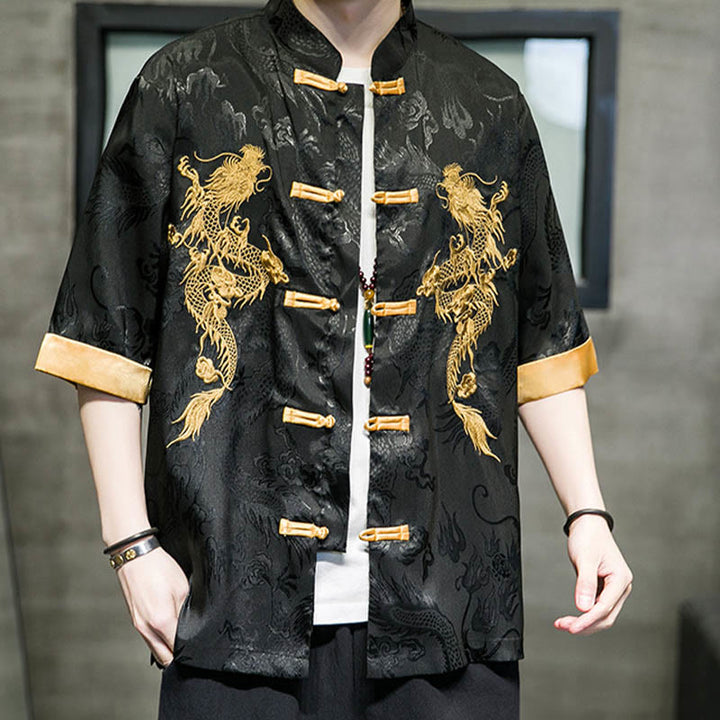Buddha Stones Rana-Bottone Drago Cinese Ricamo Mezza Manica Camicia Lino Abbigliamento Uomo - image 8