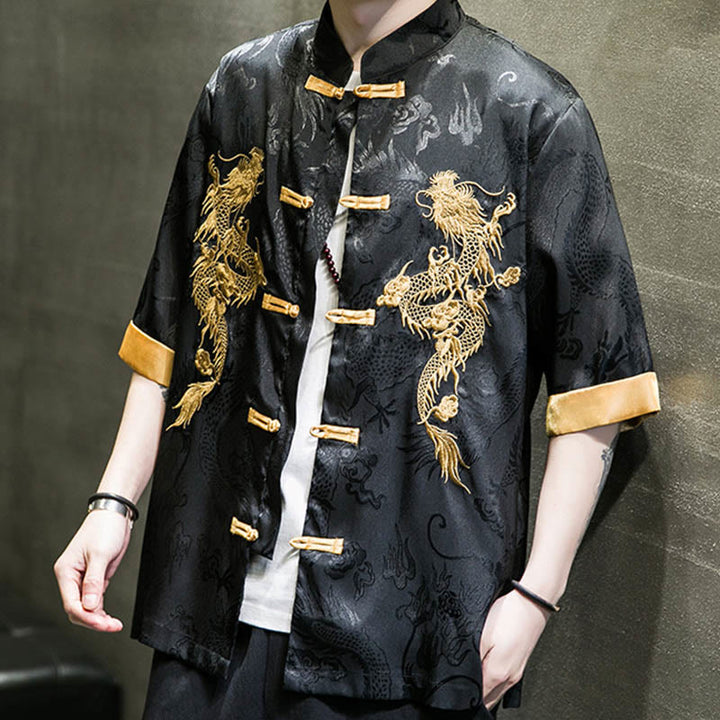 Buddha Stones Rana-Bottone Drago Cinese Ricamo Mezza Manica Camicia Lino Abbigliamento Uomo