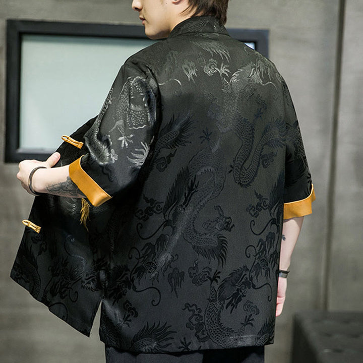 Buddha Stones Rana-Bottone Drago Cinese Ricamo Mezza Manica Camicia Lino Abbigliamento Uomo